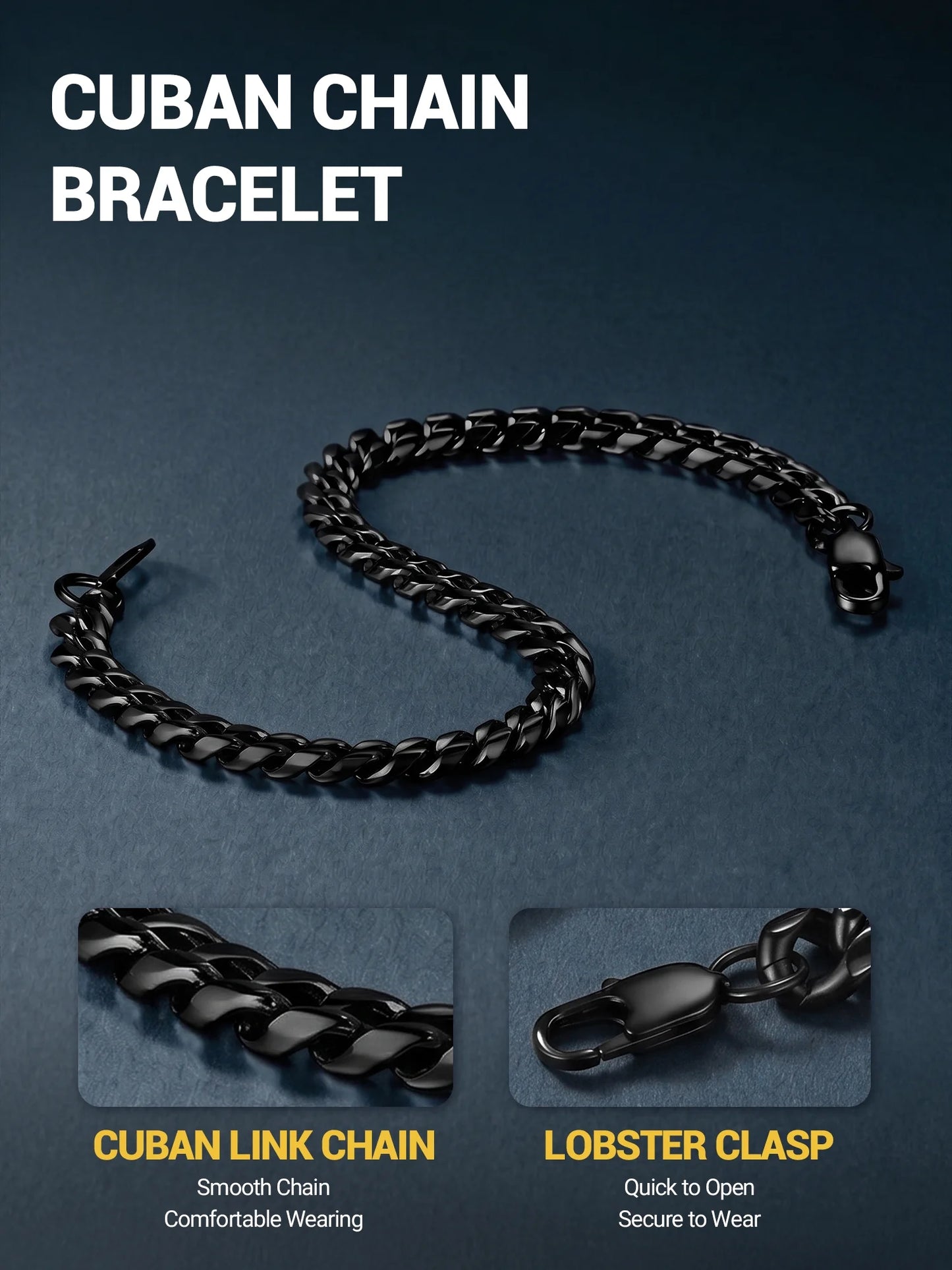 Men Chain Bracelet Black Cuban Curb Bracelet 6MM 8.3 Inch Wrist Bracelet Mens Birthday Father Day Graduation Jewelry Gifts for Him Dad Adults Age