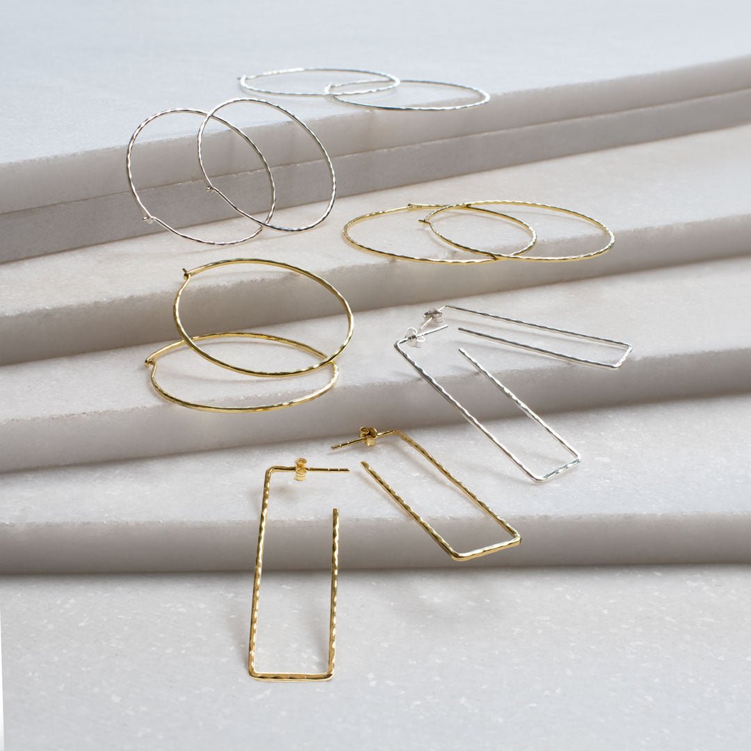 Hammered Hoops - Rectangular Shape Earrings in 14K Gold Vermeil