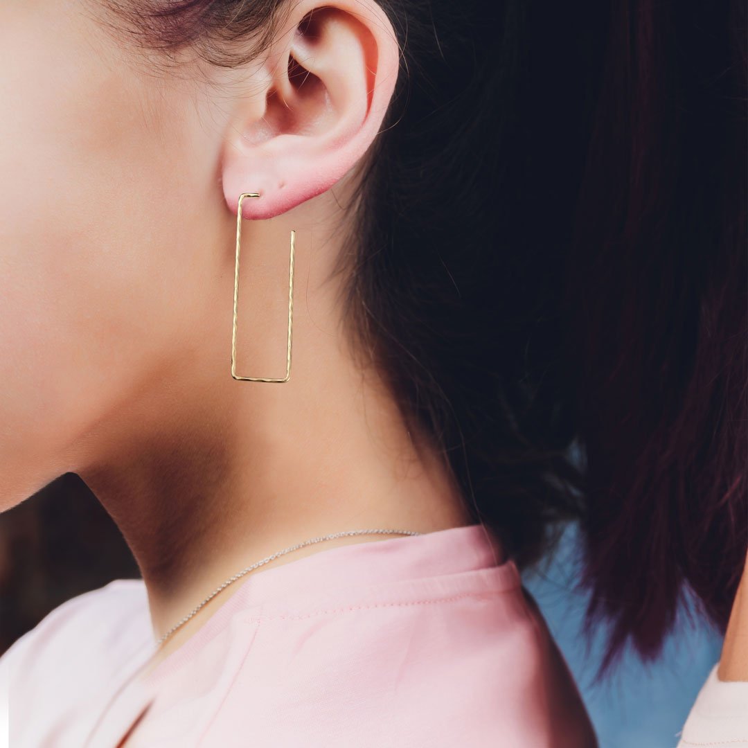 Hammered Hoops - Rectangular Shape Earrings in 14K Gold Vermeil