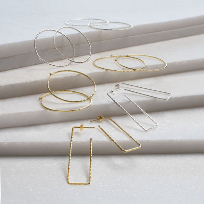 Hammered Hoops - Rectangular Shape Earring in Sterling Silver