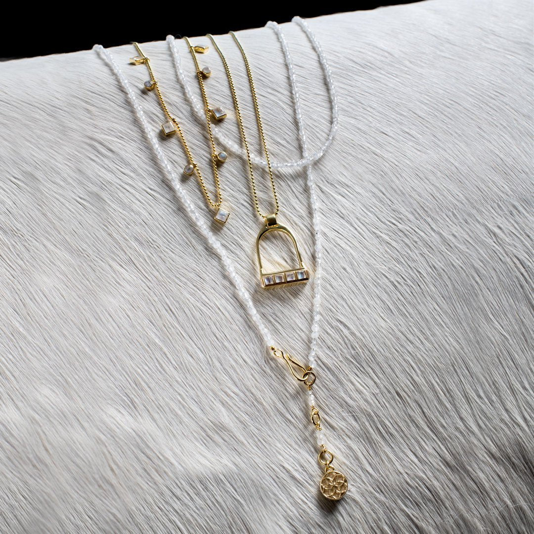 Keepsake - Moonstone Equestrian Riding Stirrup Necklace in Gold