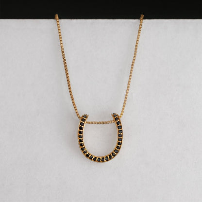 Levade -Black Moissanite Horseshoe Equestrian Necklace in Gold