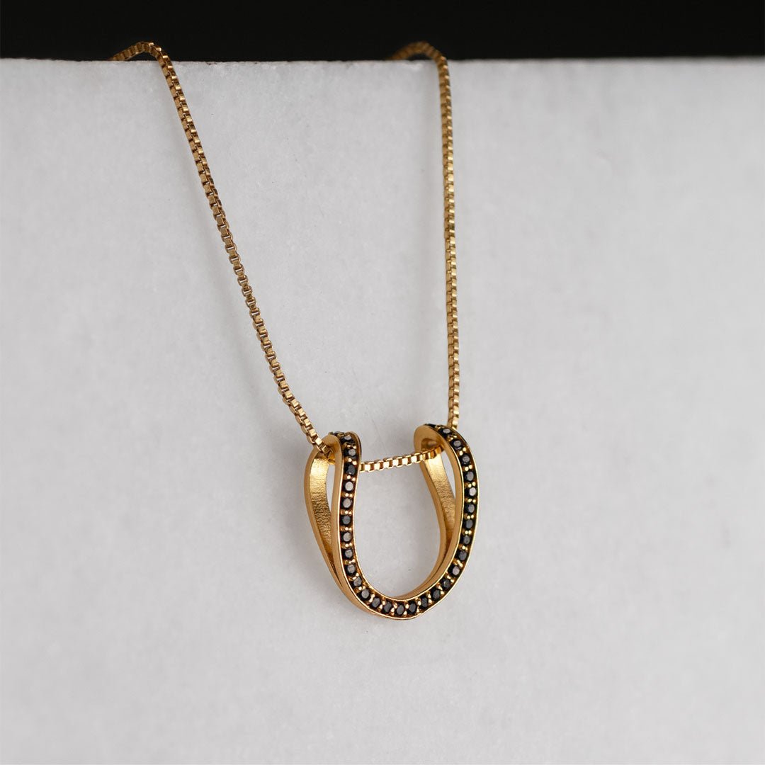 Levade -Black Moissanite Horseshoe Equestrian Necklace in Gold