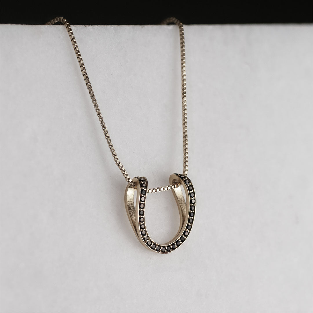 Levade -Black Moissanite Horseshoe Equestrian Necklace in Silver