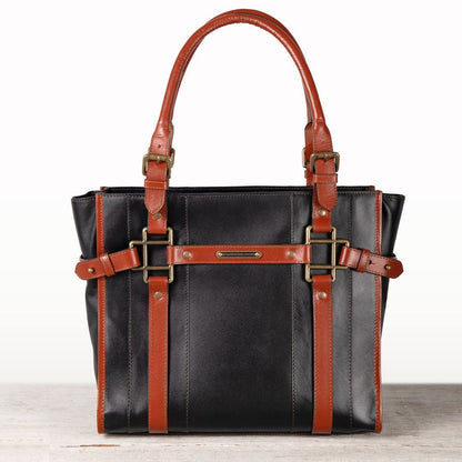 Paddock -  Halter Tote Luxury Leather Handbag in Cognac on Black