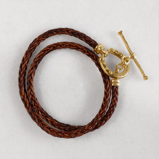 Roundup - Braided Leather Horseshoe Bracelet in Brown & Gold