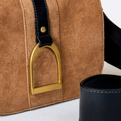 Signature Stirrup - Riding Stirrup Crossbody Luxury Leather Handbag in Black on Chestnut