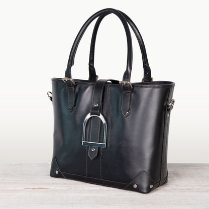 Signature - Riding Stirrup Tote Luxury Leather Handbag in Black