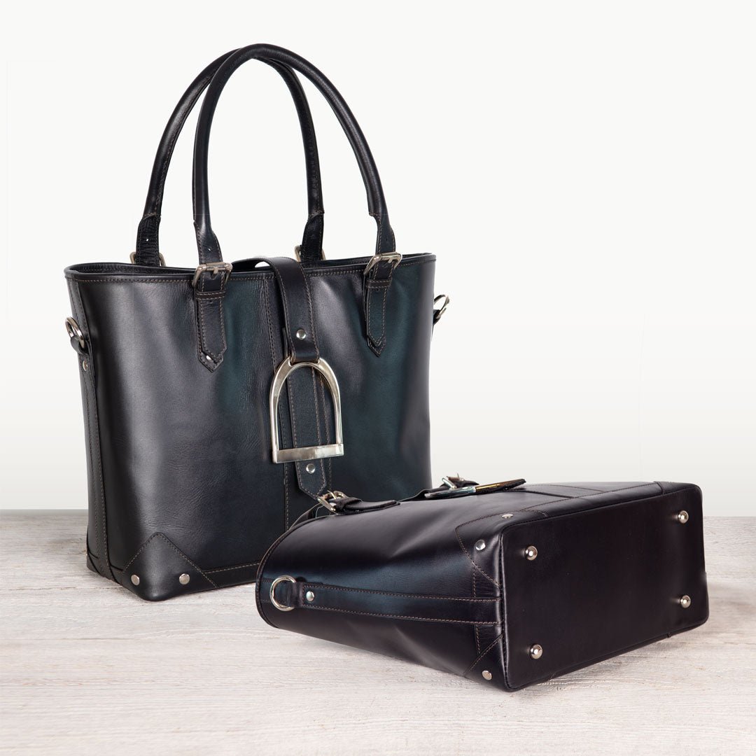 Signature - Riding Stirrup Tote Luxury Leather Handbag in Black